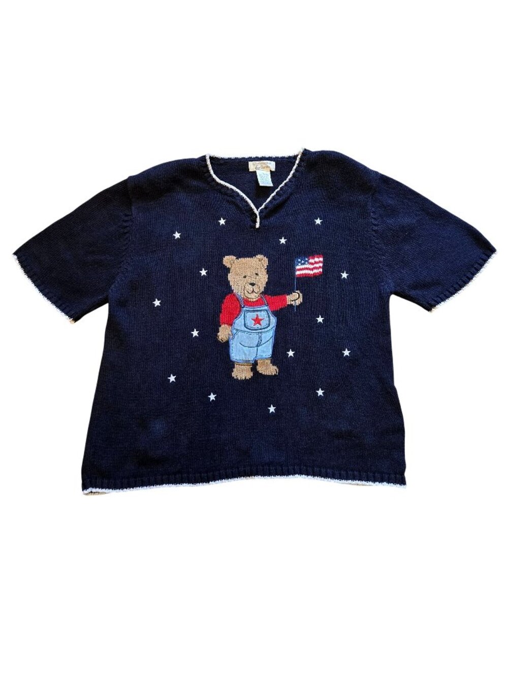 Christopher & Banks Short Sleeve Navy Teddy Bear Flag Americana Sweater Large